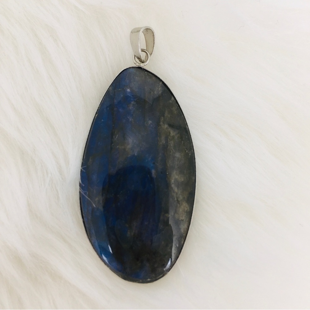 Labradorite Blue Green Flash Large Pendant Oval Natural Stone Silver Metal Wrap - Picture 9 of 14